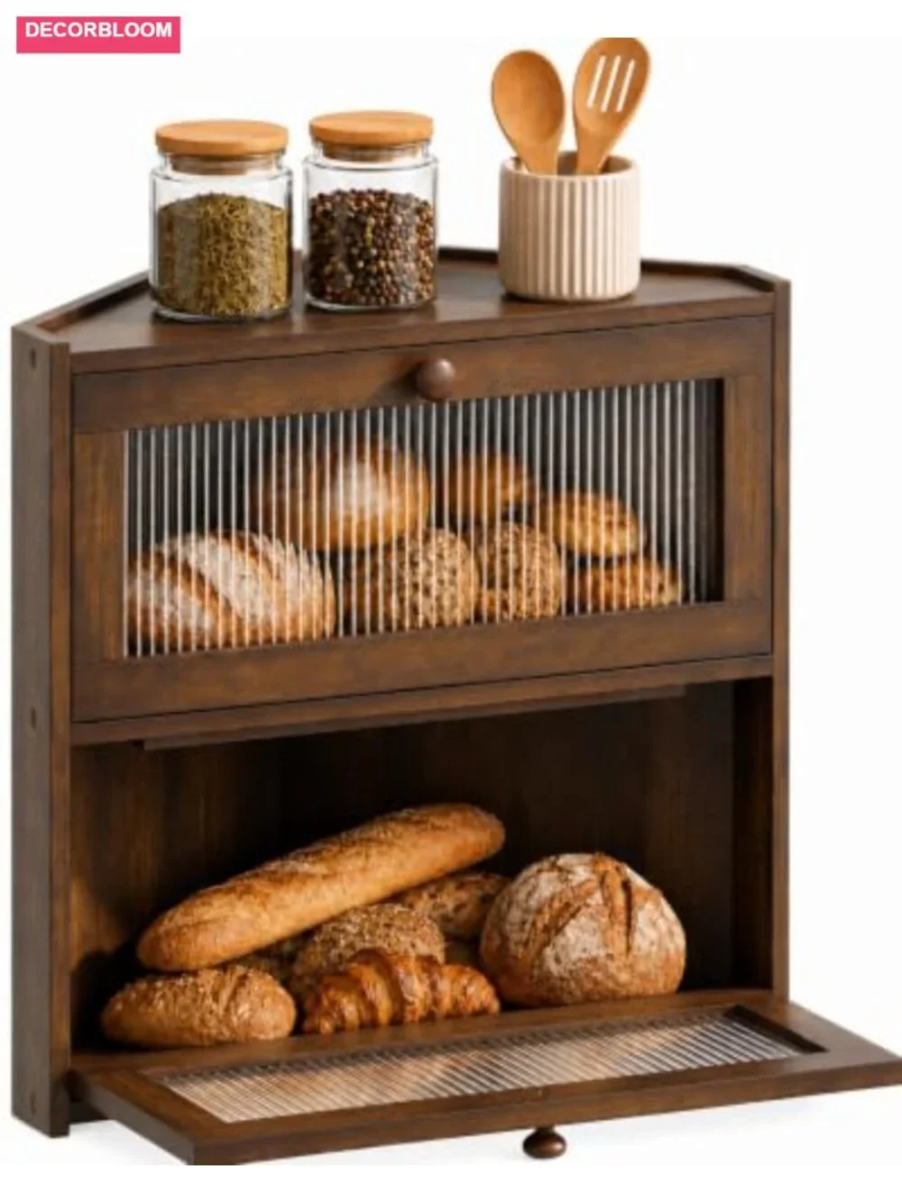 Bamboo Corner Bread Box Double Layer with Magnetic Door Farmhouse Kitchen